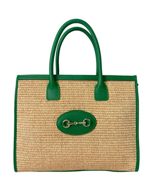 Taormina , Leather & Raffia Tote Shoulder Bag , Green