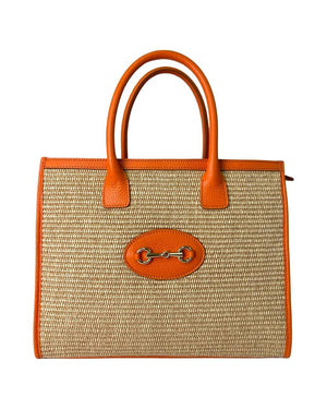 Taormina , Leather & Raffia Tote & Shoulder Bag , Orange