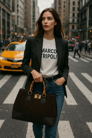 CHELSEA , SUEDE AND LEATHER HANDBAG , DARK CHOCOLATE