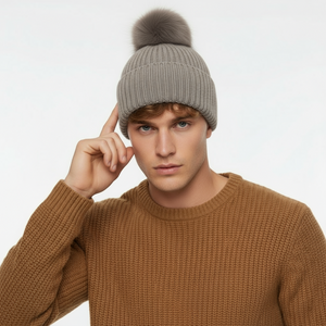 POM POM BEANIE IN CASHMERE & ANGORA , GREY