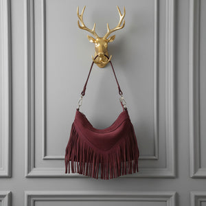 SIMONA , SUEDE CROSSBODY BAG WITH FRINGE , BORDEAUX