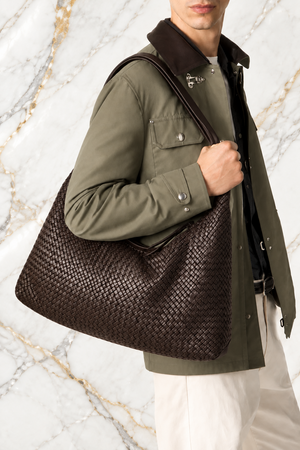 UNISEX WOVEN LEATHER HOBO BAG , DARK CHOCOLATE BROWN