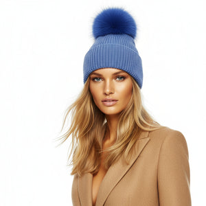 POM POM BEANIE IN CASHMERE & ANGORA  , BLUE
