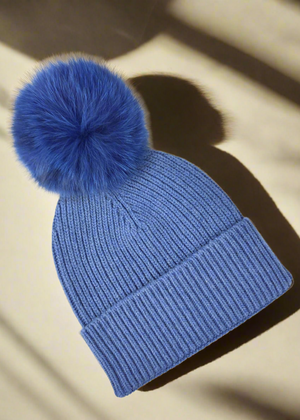 POM POM BEANIE IN CASHMERE & ANGORA  , BLUE