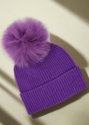 POM POM BEANIE IN CASHMERE & ANGORA  , PURPLE