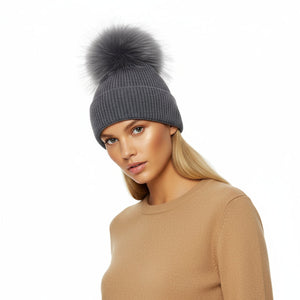 POM POM BEANIE IN CASHMERE & ANGORA , CHARCOAL
