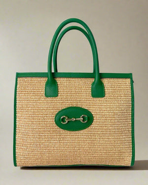 TAORMINA , LEATHER & RAFFIA TOTE BAG , GREEN