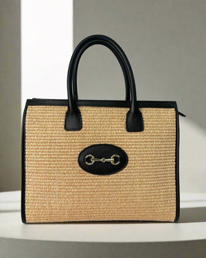 Taormina , Leather & Raffia Tote & Shoulder Bag , Black