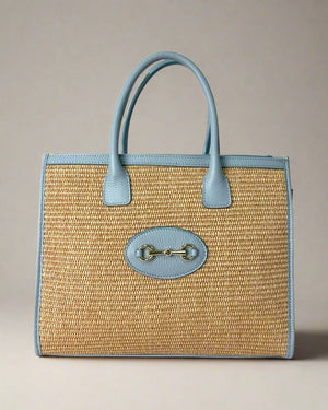 Taormina , Leather & Raffia Tote Shoulder Bag , Blue