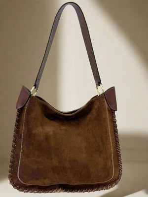 KNIGHTSBRIDGE , SUEDE AND LEATHER SHOULDER BAG , CHOCOLATE BROWN