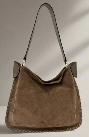 KNIGHTSBRIDGE , SUEDE AND LEATHER SHOULDER BAG , TAUPE