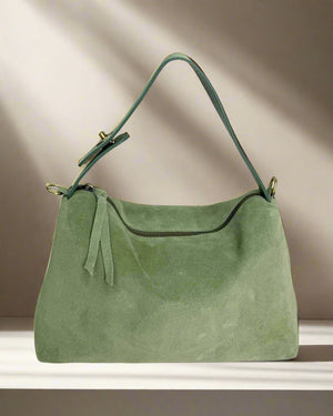 BETHANY , SUEDE SHOULDER BAG , GREEN