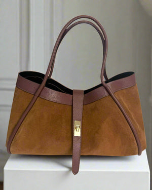 KARLA B , SUEDE AND LEATHER LARGE TOTE BAG , TAN