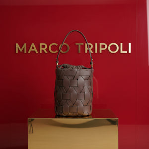 MARSEILLE , WOVEN LEATHER BUCKET CROSSBODY BAG , DARK CHOCOLATE BROWN