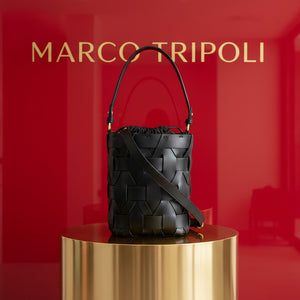 MARSEILLE , WOVEN LEATHER BUCKET CROSSBODY BAG , BLACK