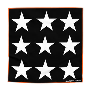 MARCO'S STAR SILK SATIN SCARF , BLACK , WHITE & ORANGE