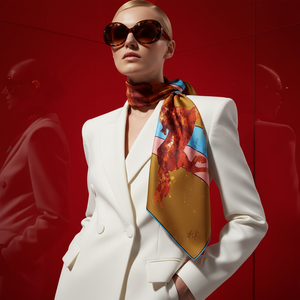 HORSE RIDING PRINT , SILK SATIN SCARF , TAN & PASTELS