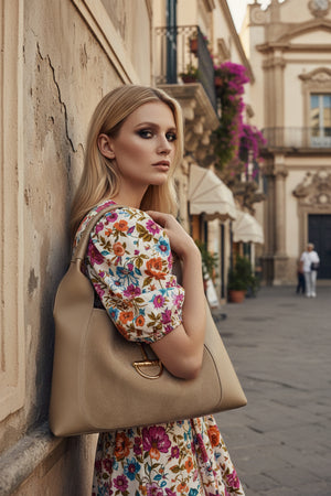 HARRIET IN LEATHER & SUEDE SHOULDER BAG , TAUPE