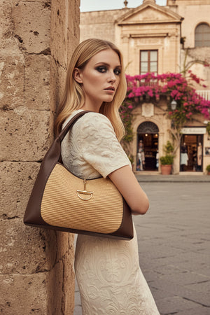 HARRIET , LEATHER AND RAFFIA LARGE TOTE , CHOCOLATE