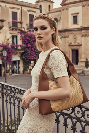 HARRIET , LEATHER AND RAFFIA LARGE TOTE , TAN
