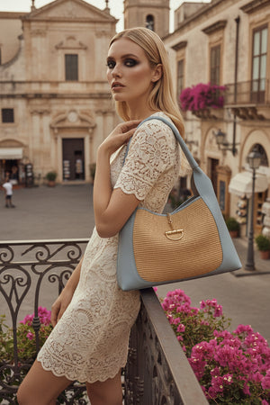 HARRIET , LEATHER AND RAFFIA LARGE TOTE , BABY BLUE