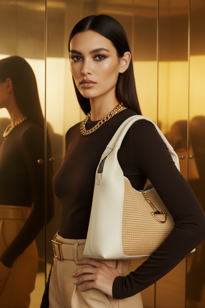 HARRIET , LEATHER AND RAFFIA LARGE TOTE , VANILLA