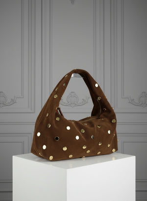 BEATRICE , GOLD STUDDS SHOULDER BAG , BROWN