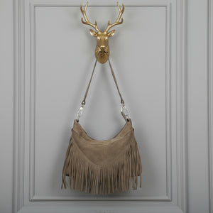 SIMONA , SUEDE CROSSBODY BAG WITH FRINGE , TAUPE