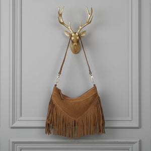 SIMONA , SUEDE CROSSBODY BAG WITH FRINGE , TAN