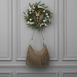 SIMONA , SUEDE CROSSBODY BAG WITH FRINGE , TAUPE