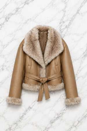 FAUX SHEEPSKIN & FUR BELTED JACKET , CARAMEL
