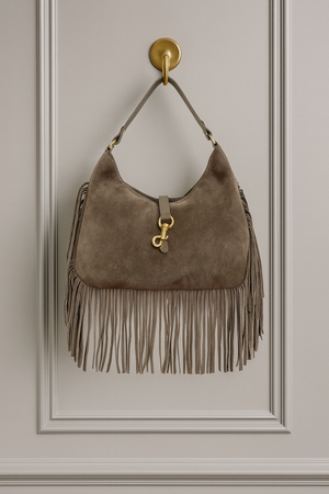 GEMMA , FRINGED SUEDE SHOULDER BAG  , TAUPE