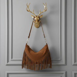 SIMONA , SUEDE CROSSBODY BAG WITH FRINGE , DARK TAN