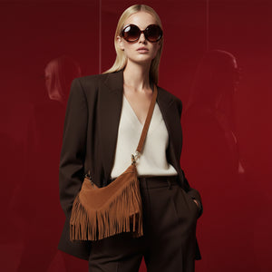 SIMONA , SUEDE CROSSBODY BAG WITH FRINGE , TAN