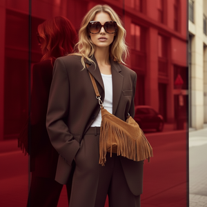 SIMONA , SUEDE CROSSBODY BAG WITH FRINGE , DARK TAN