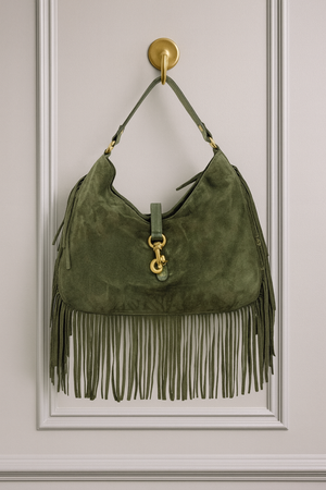 GEMMA , FRINGED SUEDE SHOULDER BAG  , GREEN
