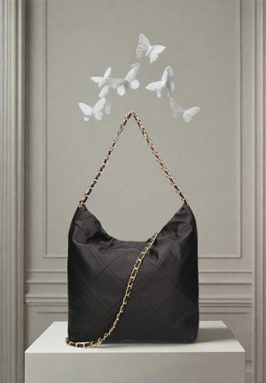 AURELIE , QUILTED LEATHER SHOULDER BAG , BLACK