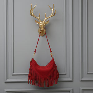 SIMONA , SUEDE CROSSBODY BAG WITH FRINGE , RED