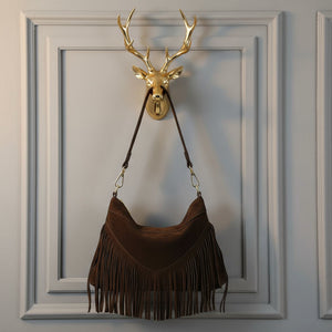 SIMONA , SUEDE CROSSBODY BAG WITH FRINGE , DARK CHOCOLATE