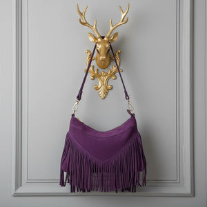 SIMONA , SUEDE CROSSBODY BAG WITH FRINGE , PURPLE