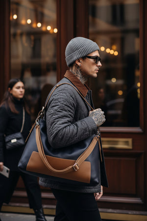 MONROE , UNISEX MAXI SHOULDER BAG , NAVY & TAN