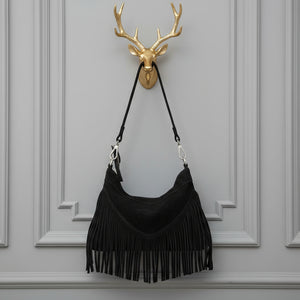 SIMONA , SUEDE CROSSBODY BAG WITH FRINGE , BLACK