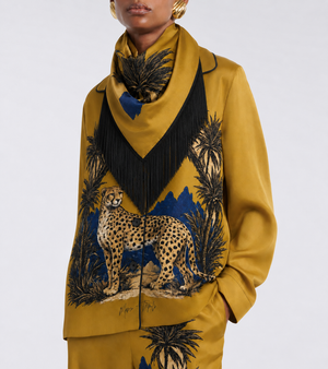 THE CHEETAH SILK SATIN SCARF WITH FRINGE