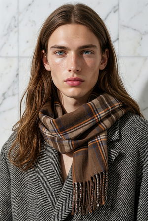 WOOL BLEND SCARF , TARTAN CHOCOLATE