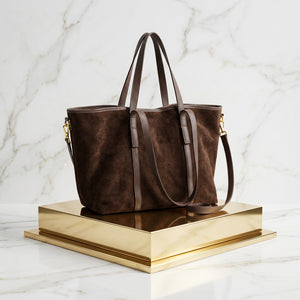LARGE SUEDE UNISEX SHOPPER TOTE , DARK CHOCOLATE
