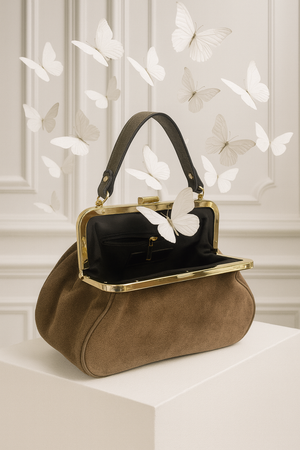 GENEVIEVE , SUEDE KISS & SNAP HANDBAG , TAUPE