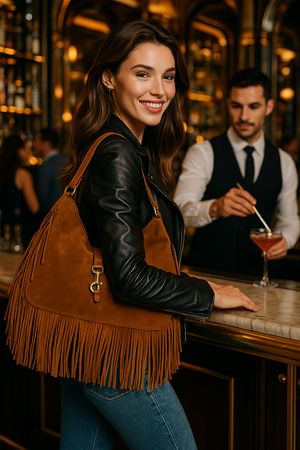 GEMMA , FRINGED SUEDE SHOULDER BAG  , TAN
