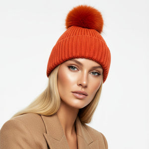 POM POM BEANIE IN CASHMERE & ANGORA , ORANGE