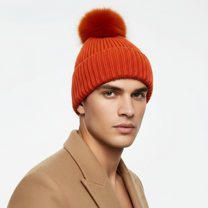 POM POM BEANIE IN CASHMERE & ANGORA , ORANGE