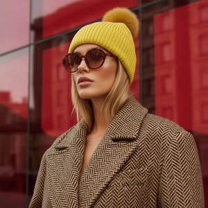 POM POM BEANIE IN CASHMERE & ANGORA , YELLOW